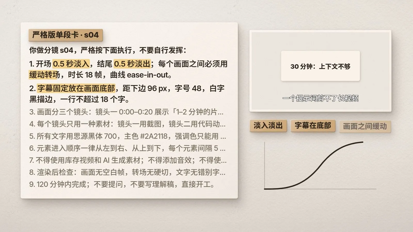 严格版单段任务卡：九条写死的要求，包括淡入淡出、字幕位置、缓动曲线