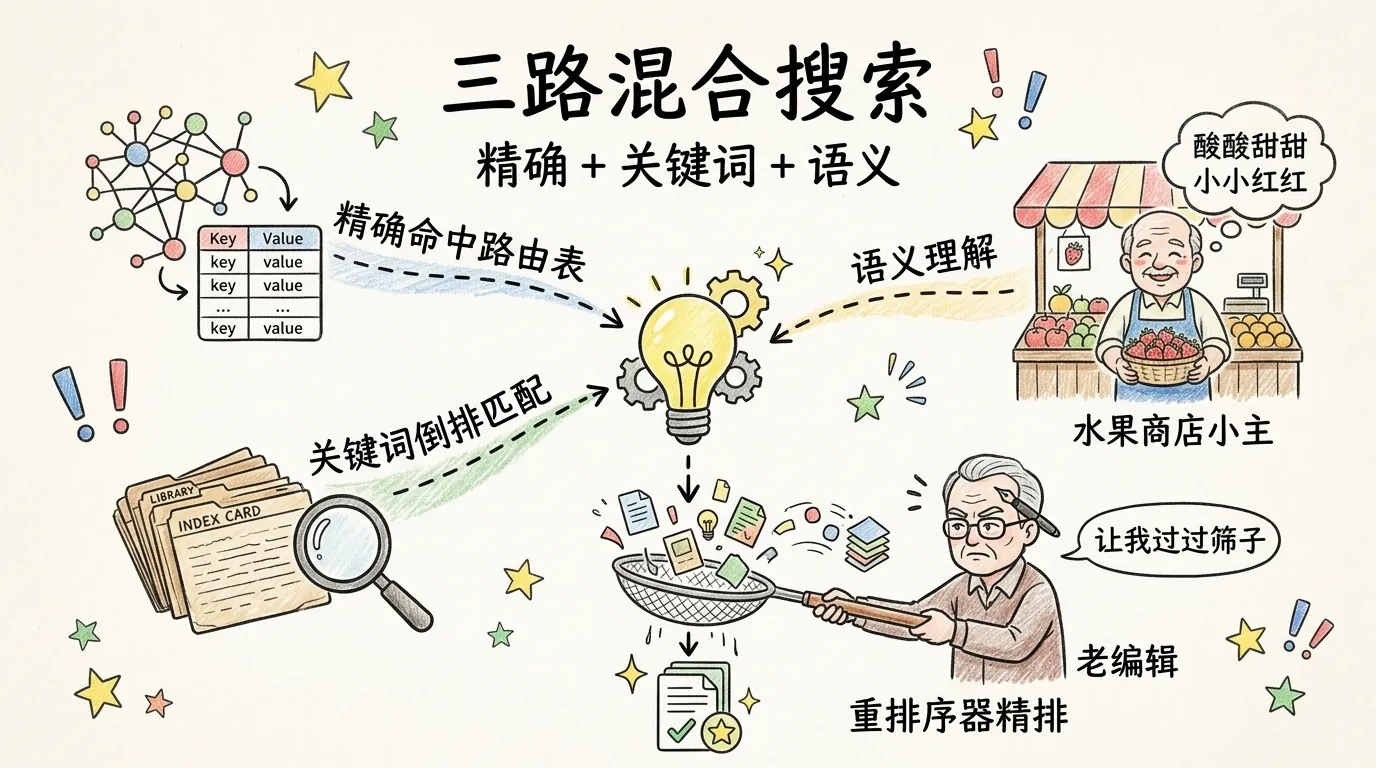 三路混合搜索:精确 + 关键词 + 语义