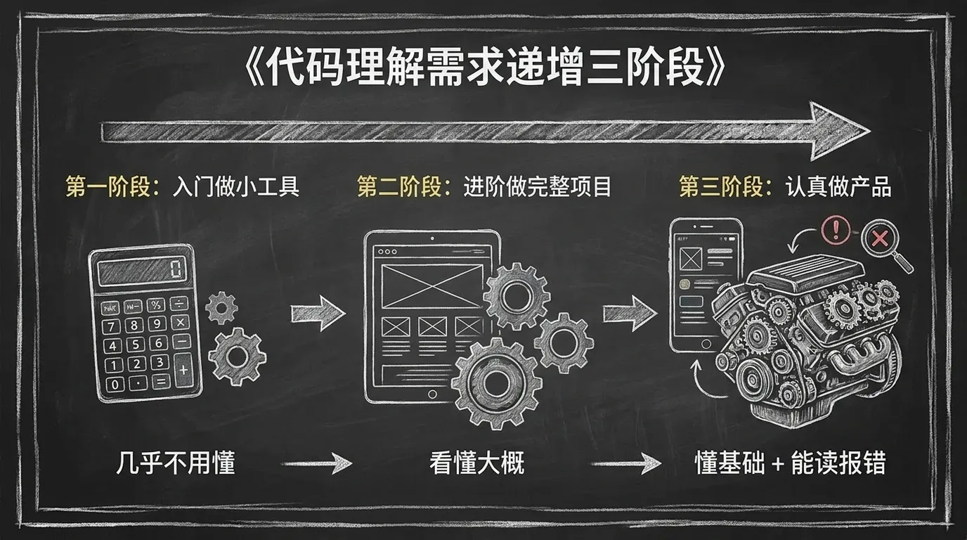 学 AI 编程要不要懂代码:入门到认真做三阶段图