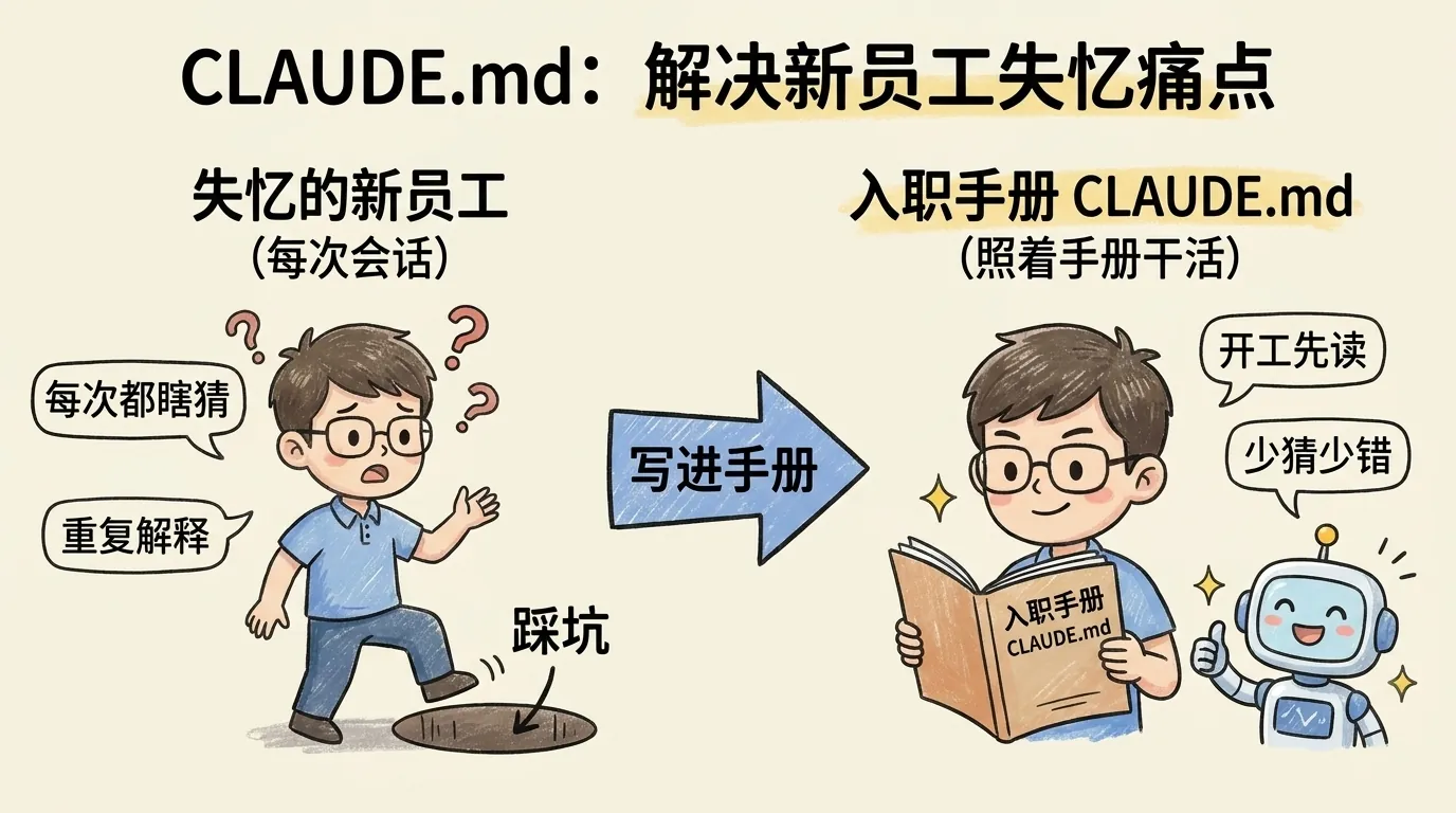 CLAUDE.md 作用示意：把失忆的新会话新员工，靠一本项目入职手册从反复瞎猜变成照册干活