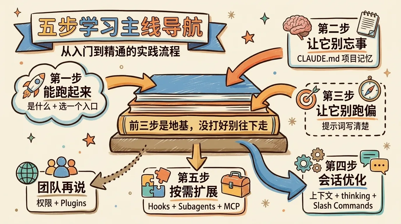Claude Code 学习顺序主线:能跑、别忘事、别跑偏、再优化、才扩展的五步流程
