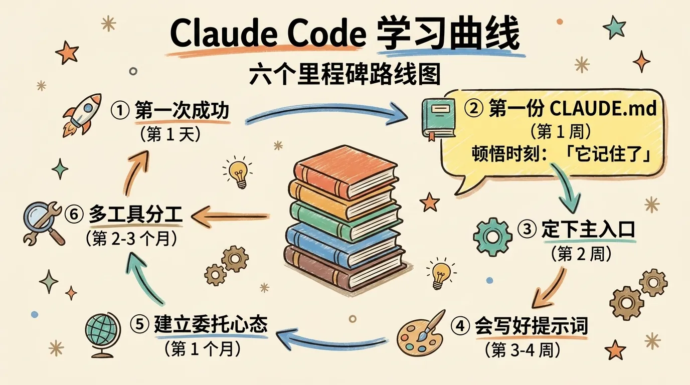 Claude Code 学习曲线六个里程碑:从第一次成功到多工具分工,第 1 周写完 CLAUDE.md 是顿悟时刻