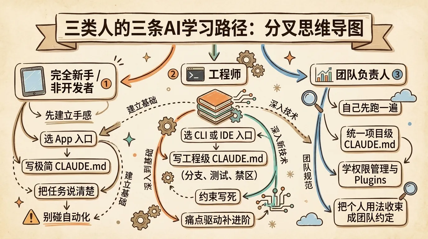 三类人三条 Claude Code 学习路径:完全新手、工程师、团队负责人各走各的路