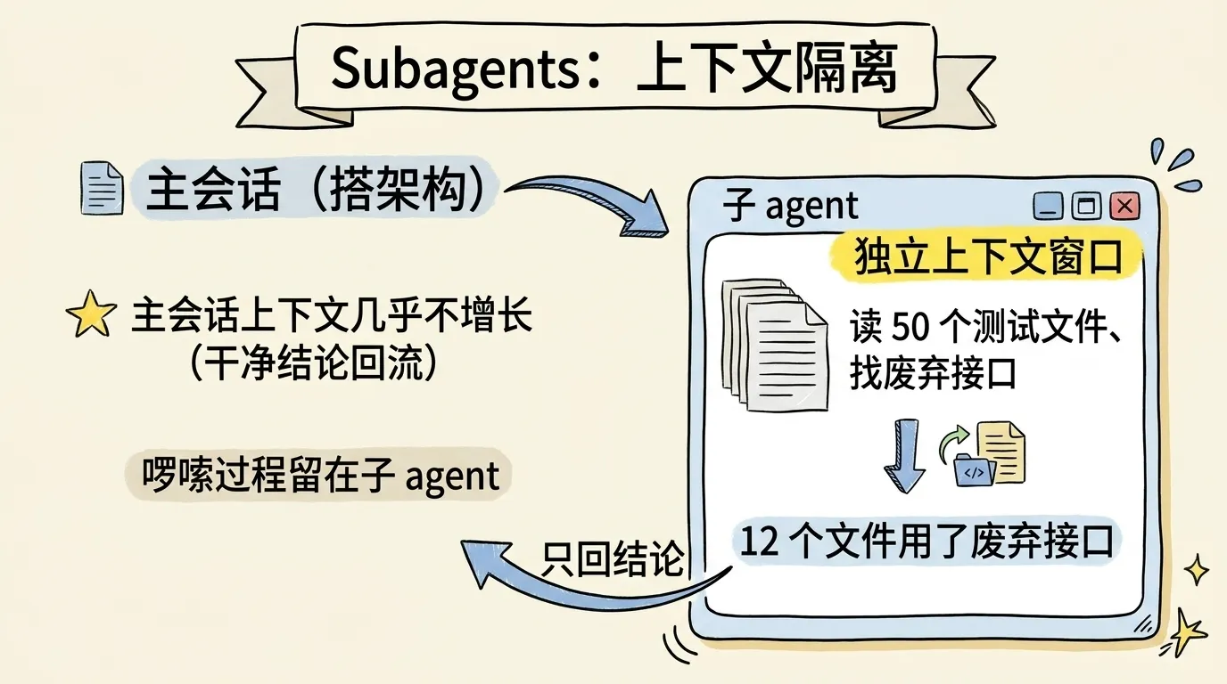 Subagents 子智能体上下文隔离流程图:主会话搭架构派子 agent 在独立上下文窗口里读 50 个测试文件找废弃接口,只回一句结论给主会话,啰嗦过程留在子 agent、主会话上下文几乎不增长