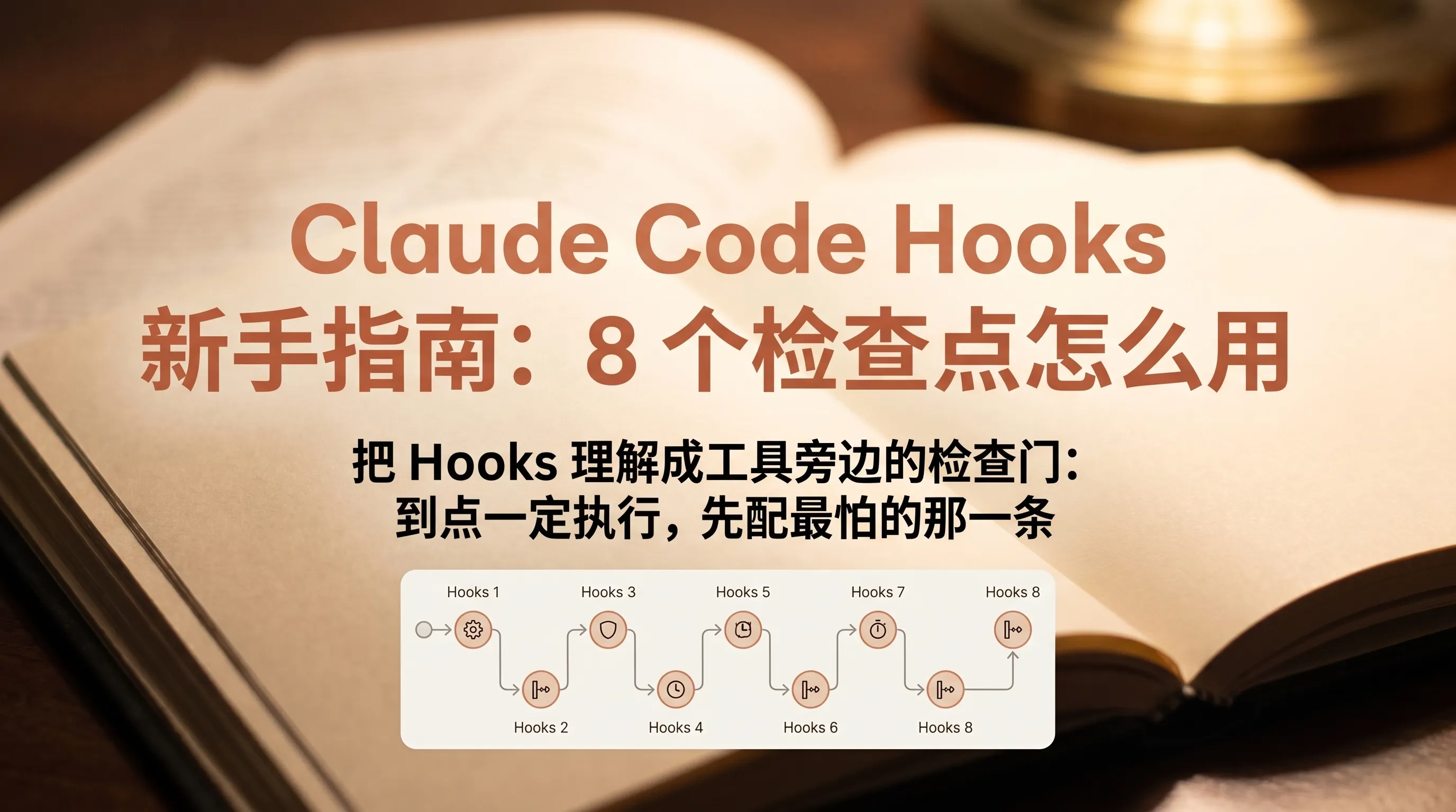 Claude Code Hooks 新手指南封面：把 Hooks 理解成工具旁边的检查门，按时间线串起会话开始、工具动手前后到会话结束的 8 个生命周期触发点
