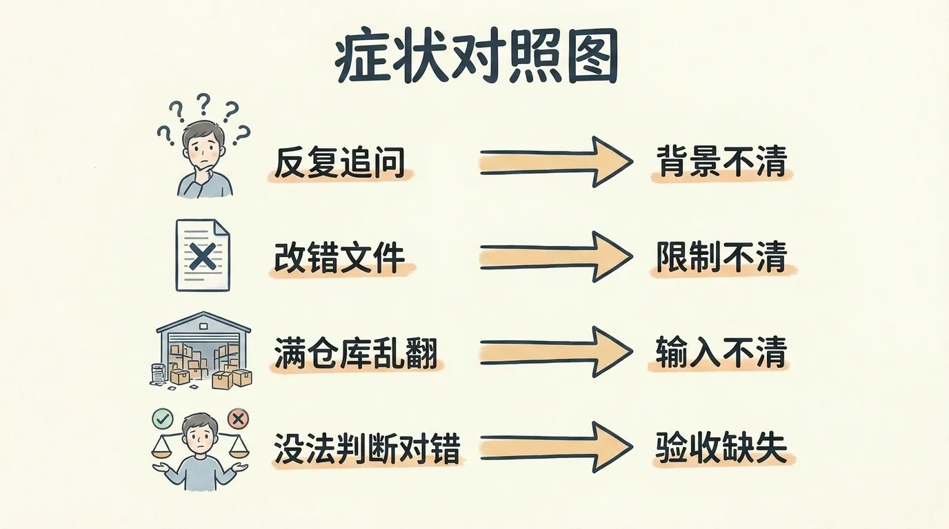 Claude Code 没干好排查手绘对照图:症状对应缺了五件套里的哪一件