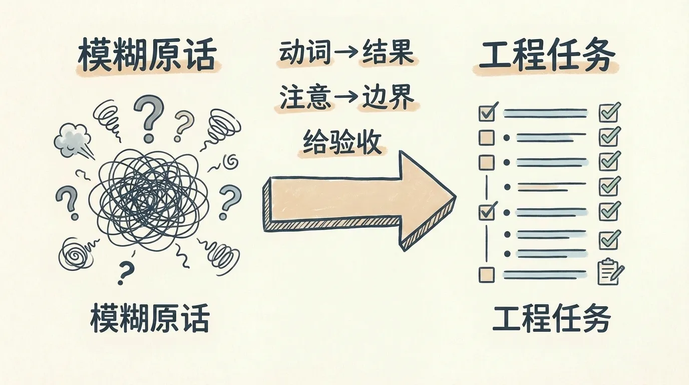 模糊原话到工程任务的手绘对比图:动词换成结果、注意换成边界、补上验收标准
