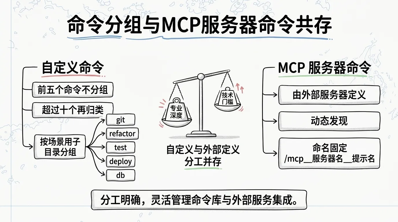 Claude Code Slash Commands 命令分组与 MCP 服务器命令共存示意图:自定义命令前五个不分组、超过十个按 git refactor test deploy db 子目录归类,MCP 服务器命令由外部服务器定义、动态发现、命名固定,两者分工并存
