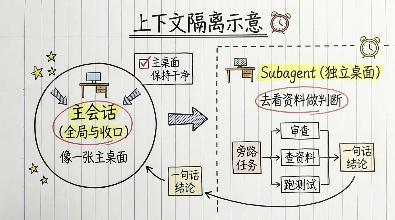 上下文隔离示意:主会话像一张主桌面负责看全局与收口,subagent 在独立桌面处理审查、查资料、跑测试这类旁路任务,只把一句话结论递回主会话