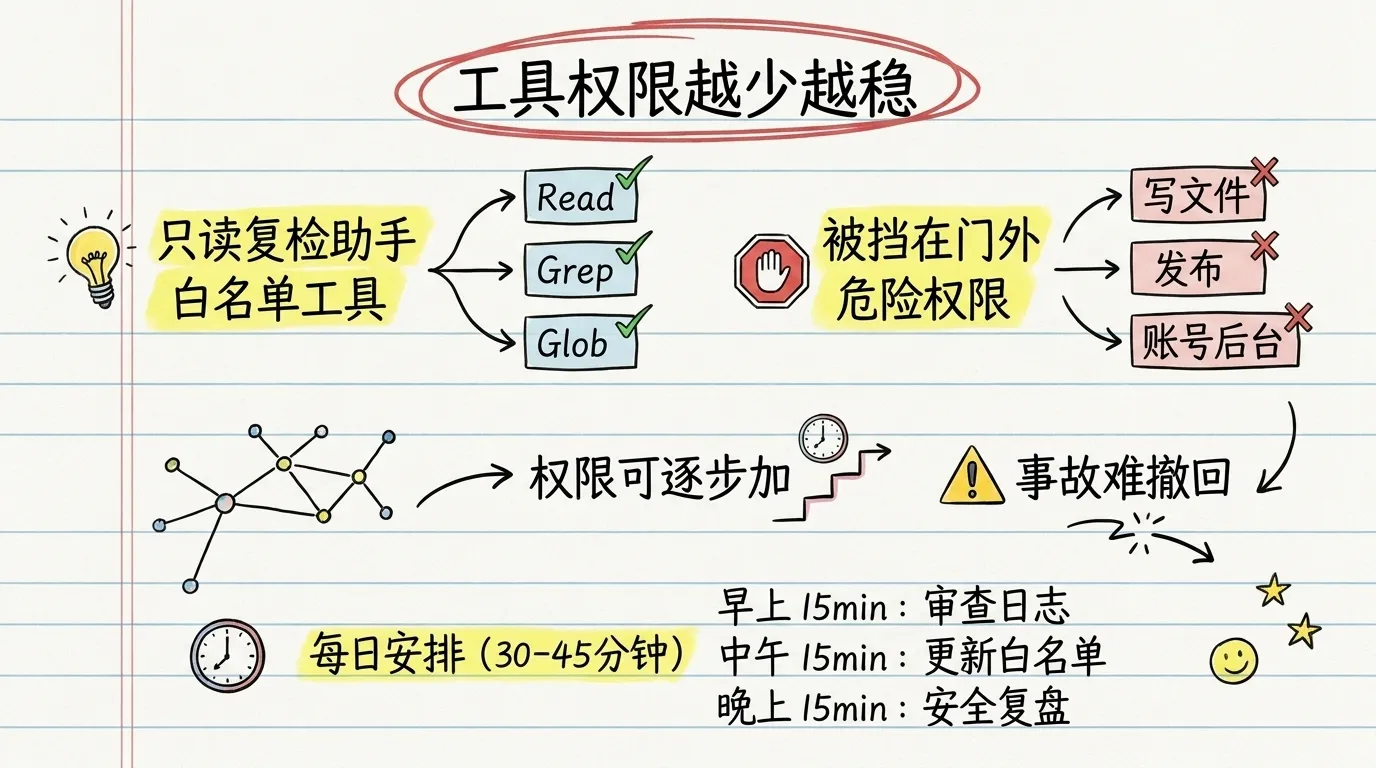 工具权限最小化示意:只读复检助手只给 Read、Grep、Glob 三样白名单工具,写文件、发布、账号后台等危险权限被挡在门外,权限可逐步加而事故难撤回
