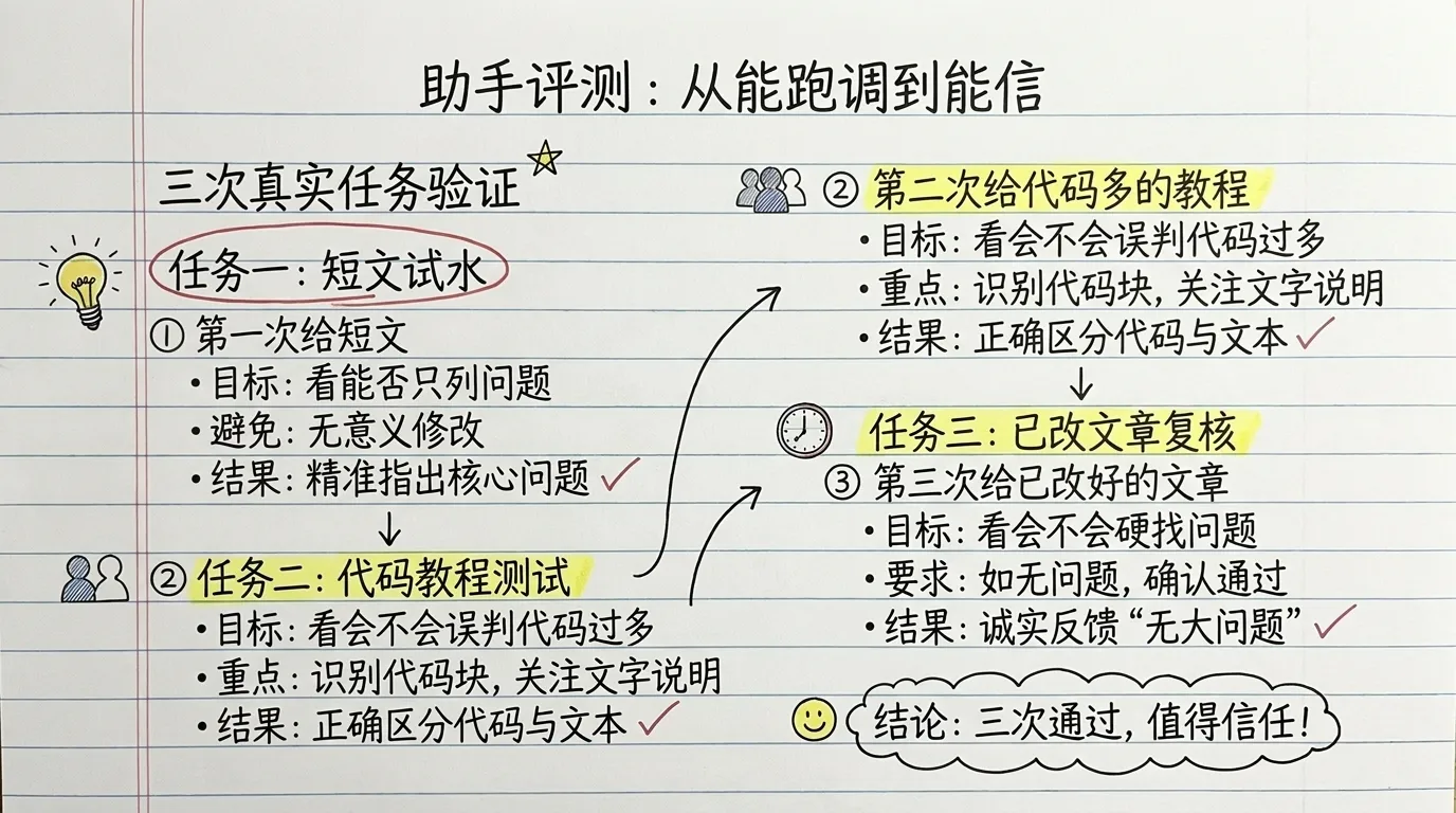 把第一个 article-reviewer 助手从能跑调到能信:用短文、代码多的教程、已改好的文章这 3 次真实任务检验它会不会误判或硬找问题,再决定留不留
