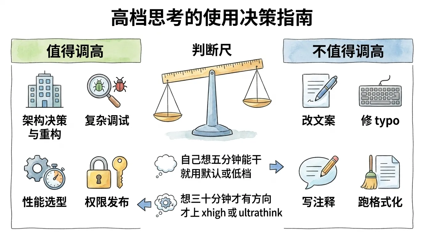 高档思考该不该用的判断对照:值得调高的是架构决策与重构、复杂调试、性能选型、权限发布,不值得调高的是改文案、修 typo、写注释、跑格式化,中间用想五分钟还是三十分钟的判断尺取舍