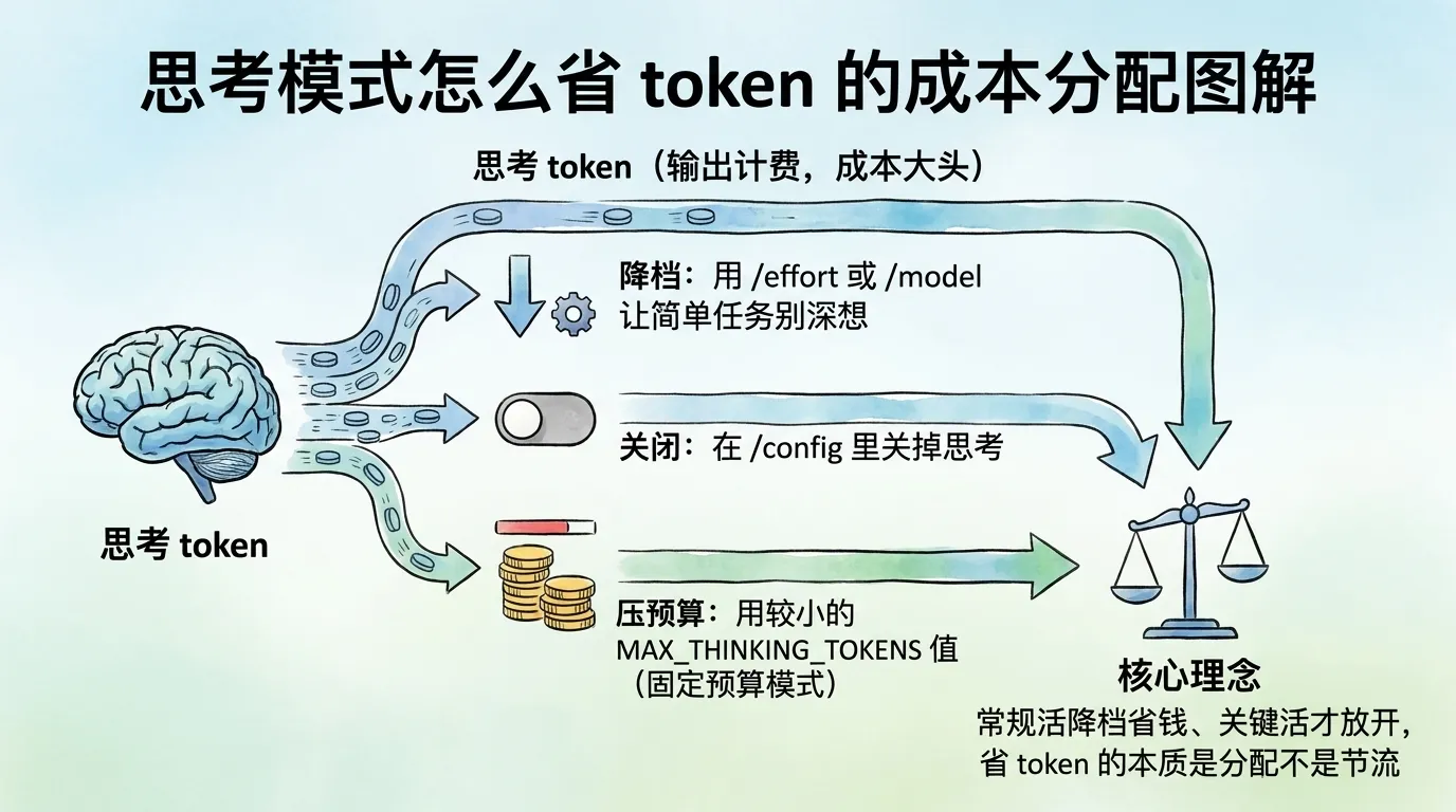 思考模式怎么省 token 的成本分配图解:思考 token 按输出计费是成本大头,三条办法是用 /effort 降档、在 /config 关掉思考、用较小的 MAX_THINKING_TOKENS 压预算,核心是常规活降档、关键活才放开