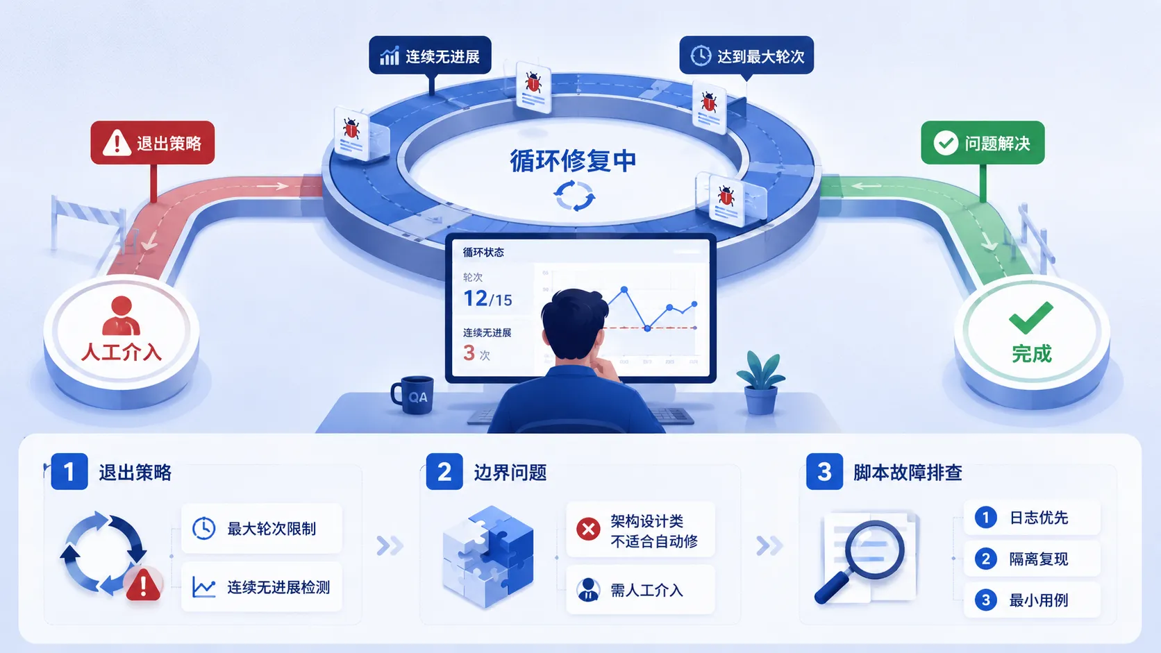 常见问题解答:质检系统无限循环怎么办、哪些错误不适合自动修、质检脚本本身出错怎么排查
