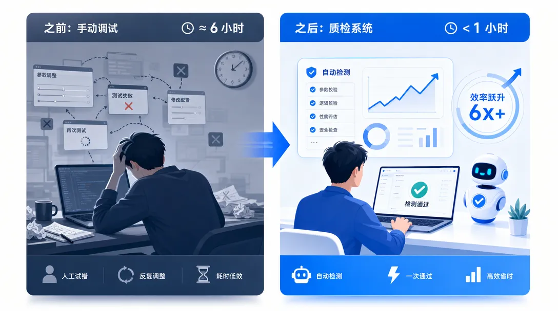 实战效果对比:手动调试六小时降到质检系统一小时以内,调试时间缩减超过八成