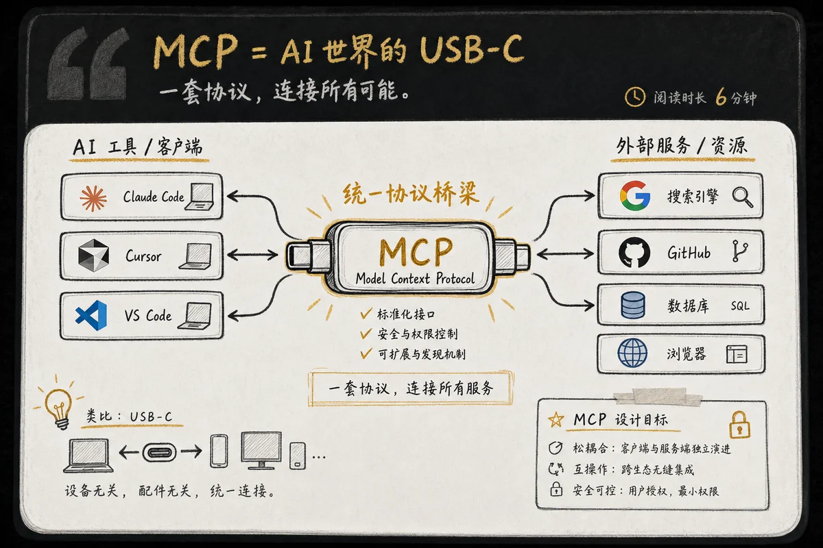 MCP 协议原理示意:AI 工具通过统一的 MCP 协议连接多个外部服务