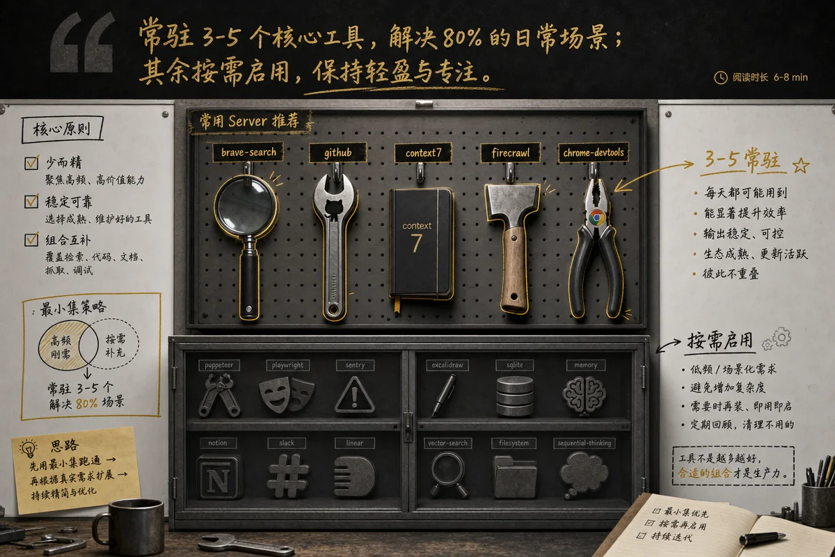 常用 MCP Server 推荐清单示意:3-5 个高频工具常驻,其余按需启用