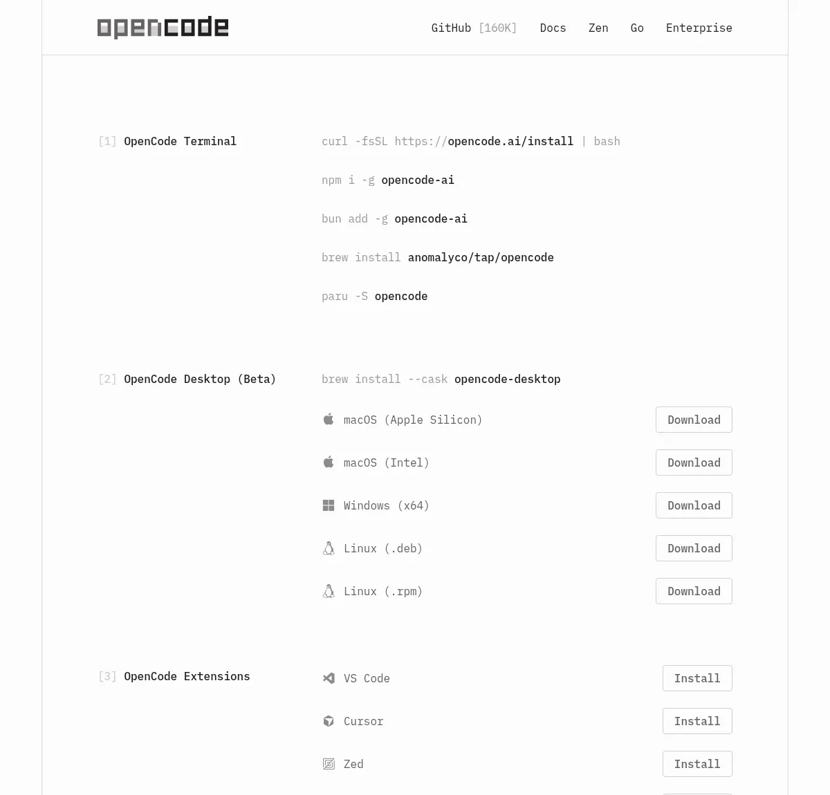OpenCode 下载页:对着你的系统点 Download