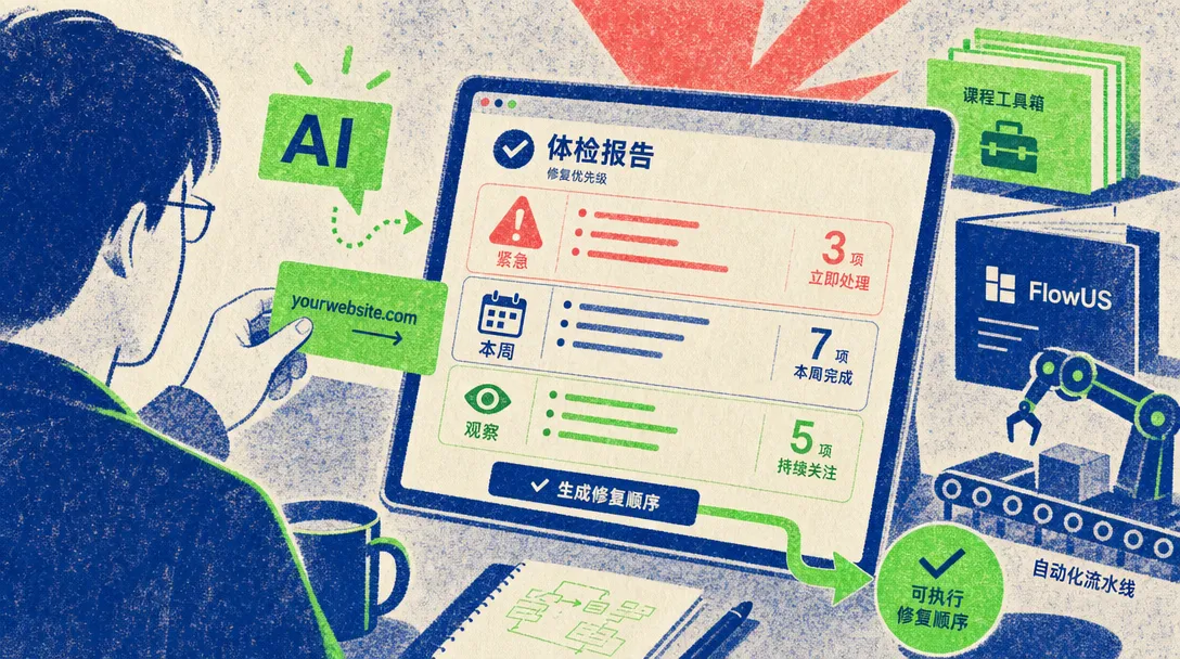 用户把官网网址交给 AI 体检，CLI 输出问题优先级和修复路径