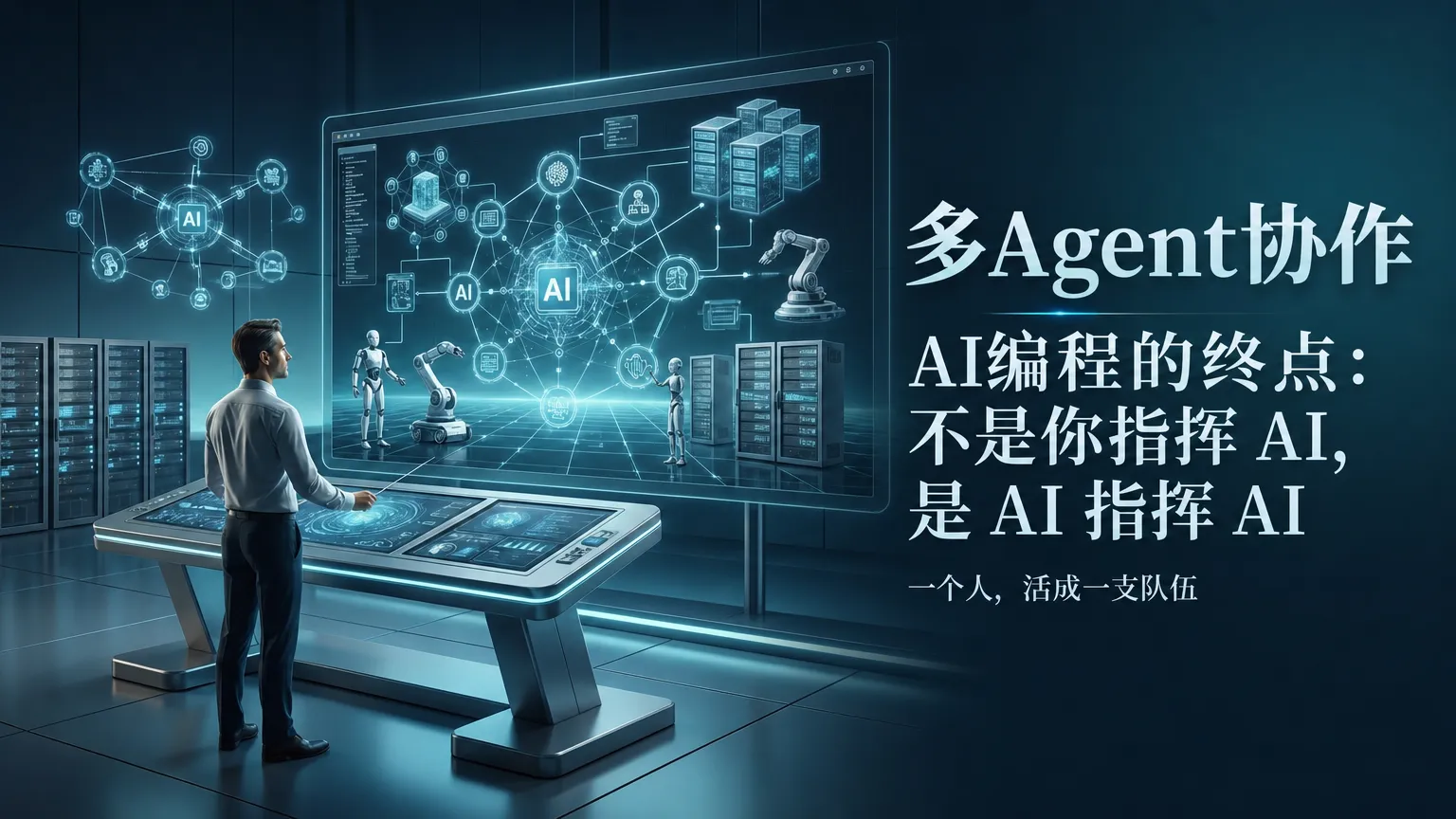 多Agent协作完全指南封面：主控 AI 通过 SSH 加 tmux 向本机、局域网 Mac mini、云端服务器上的 AI 编程命令行派活、收结果的调度示意图