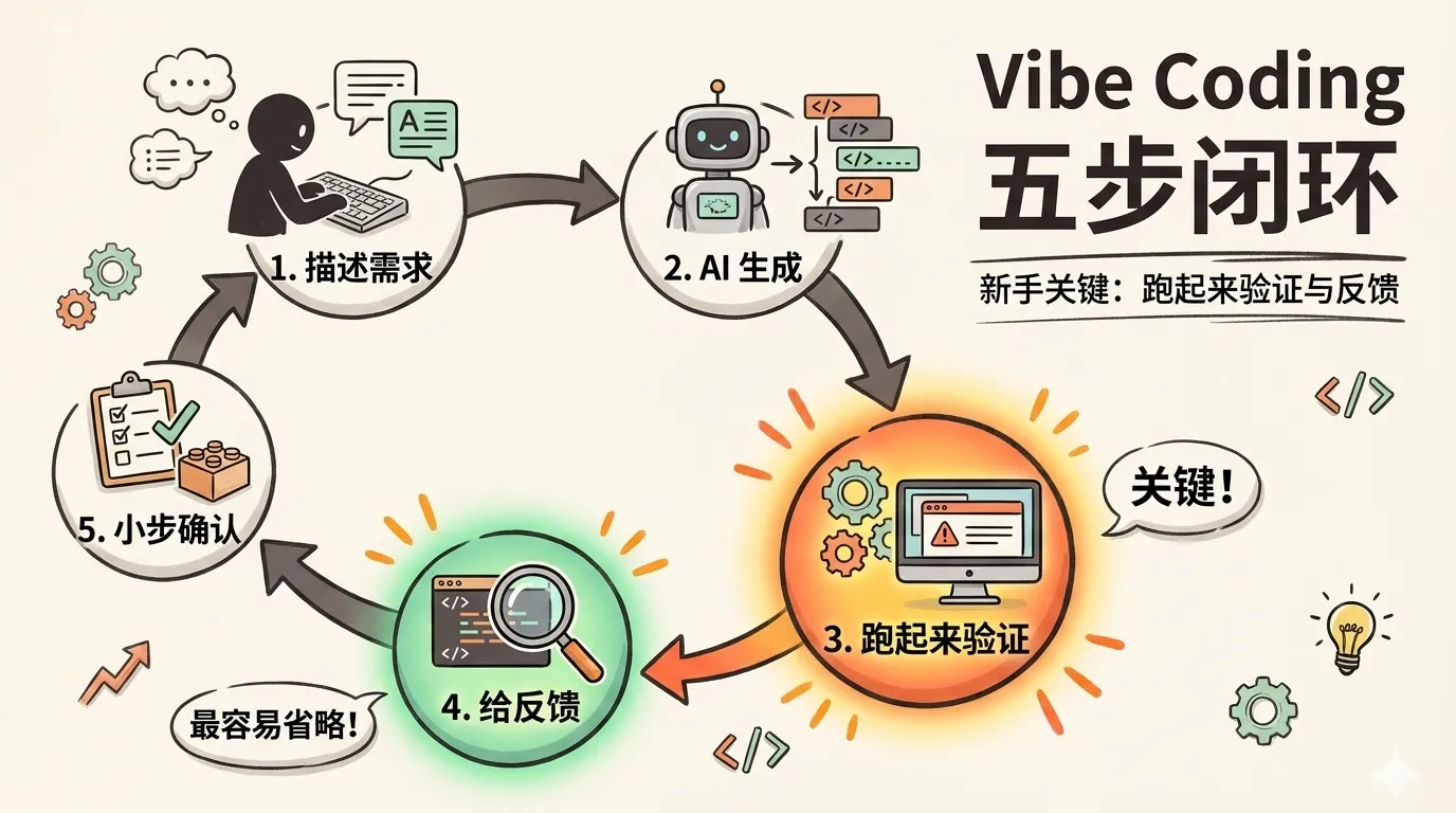 vibe coding 五步工作循环图:描述需求、AI 生成、跑起来验证、给反馈、小步确认