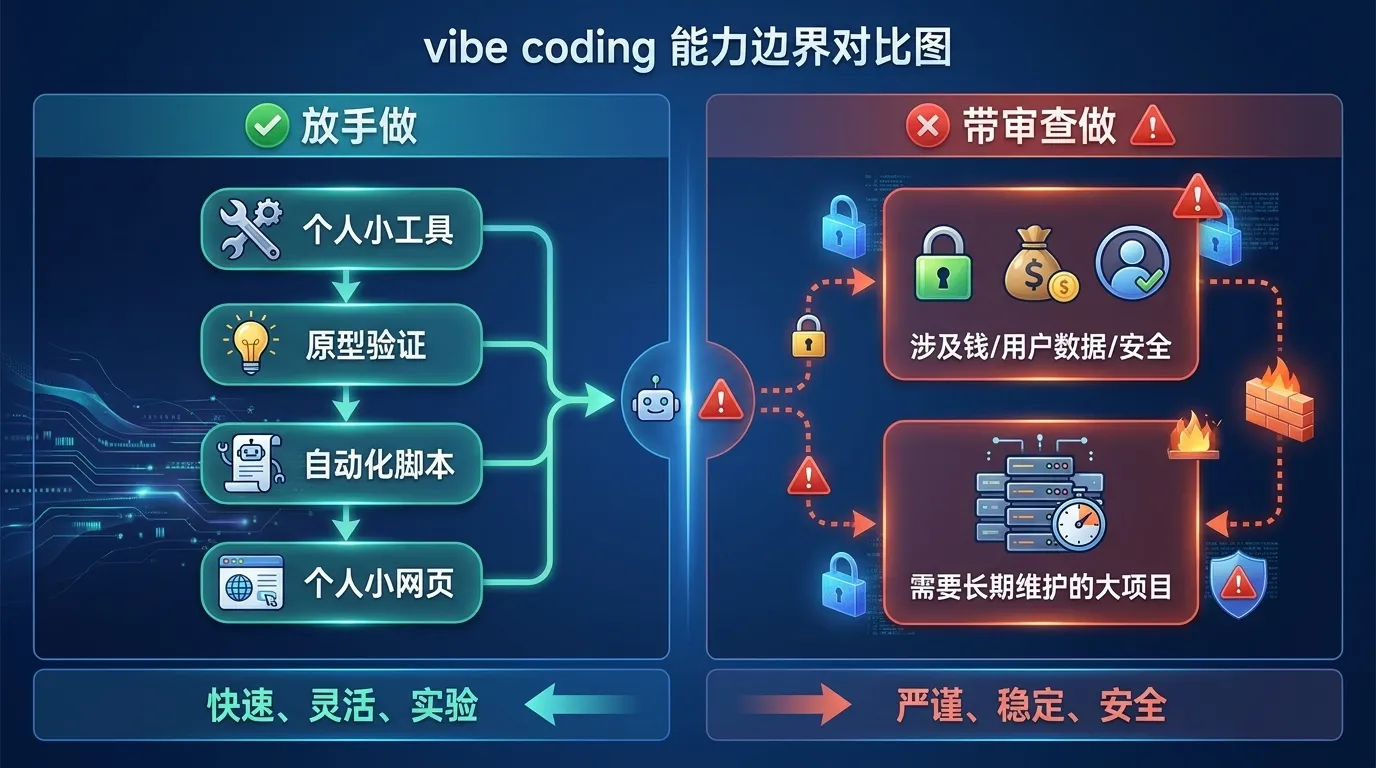 vibe coding 能力边界对比图:放手做(小工具、原型、脚本、小网页)对比带审查做(涉及钱、数据、安全、长期维护)