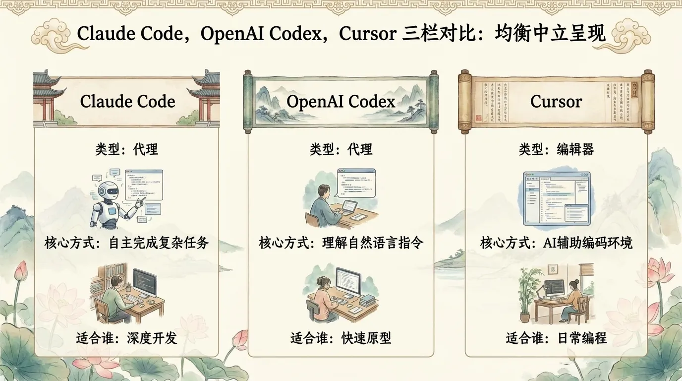 Claude Code、OpenAI Codex、Cursor 三大代表对比图