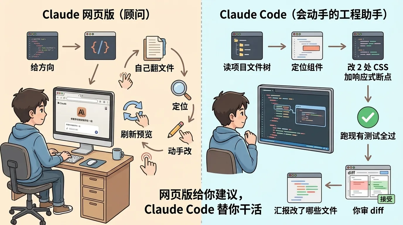 Claude 网页版只给建议你自己动手,Claude Code 进项目改文件跑命令你只审 diff 的对比