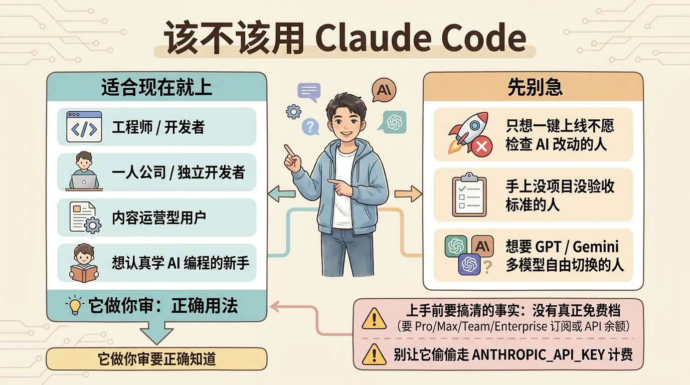 Claude Code 适合谁与先别急两类人对照决策卡,含付费与 API 计费两条提醒